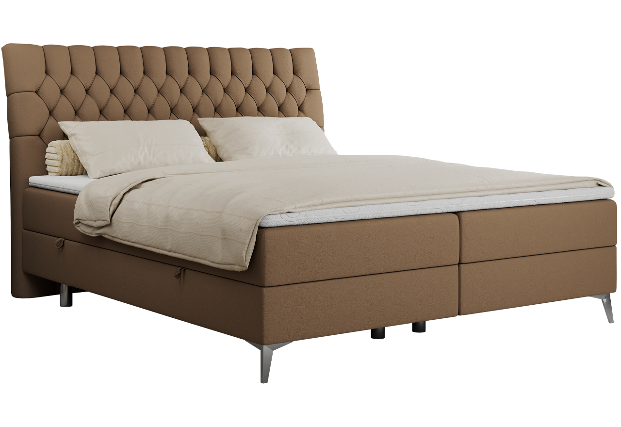 Łóżko kontynentalne MILEN 200x200 - H4 - brązowy, ekoskóra