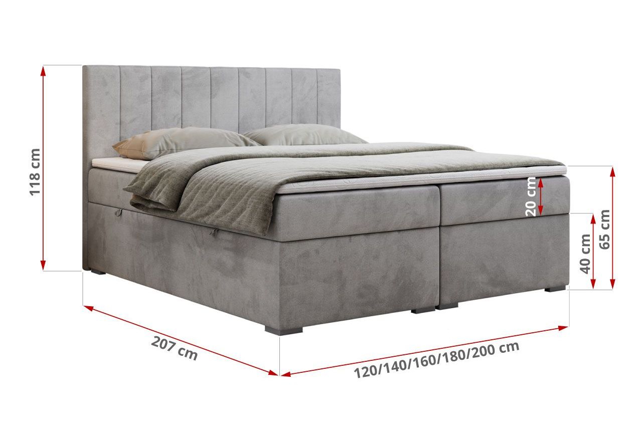 Łóżko kontynentalne LOPE 200x200 - H3 - jasnoszary, welwet