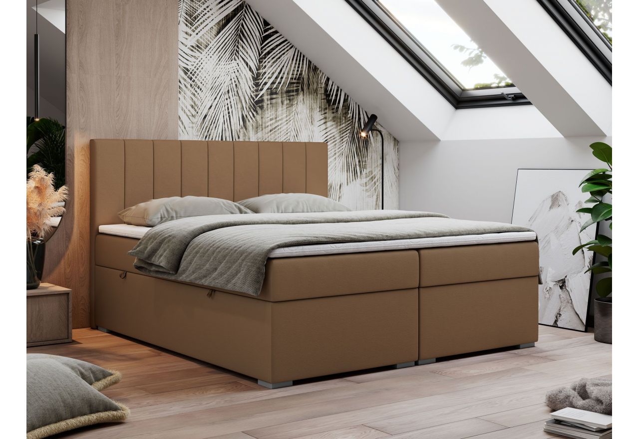 Łóżko kontynentalne LOPE 200x200 - H3 - brązowy, ekoskóra