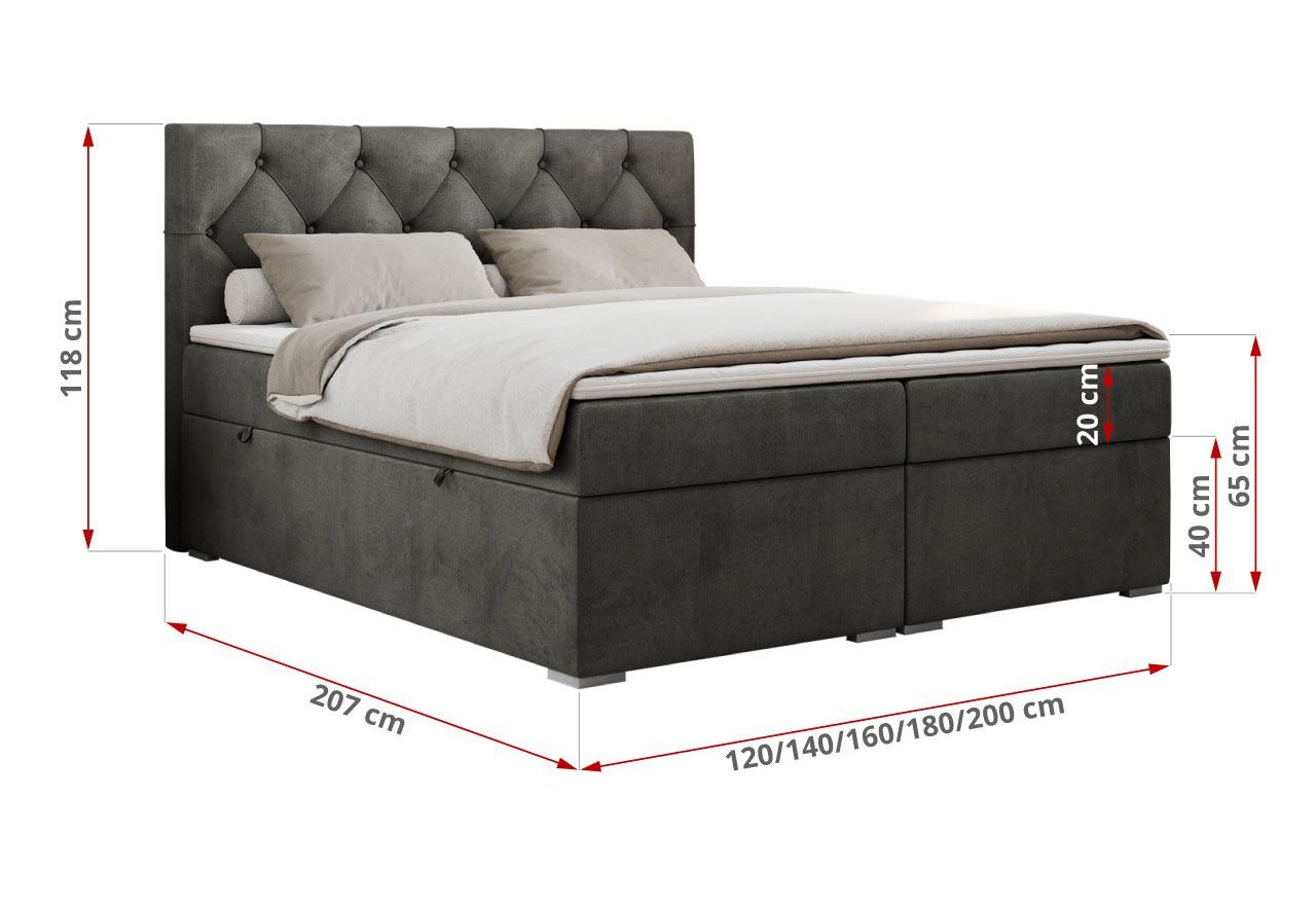 Łóżko kontynentalne ALDA 180x200 - H3 - ciemnoszary, welwet