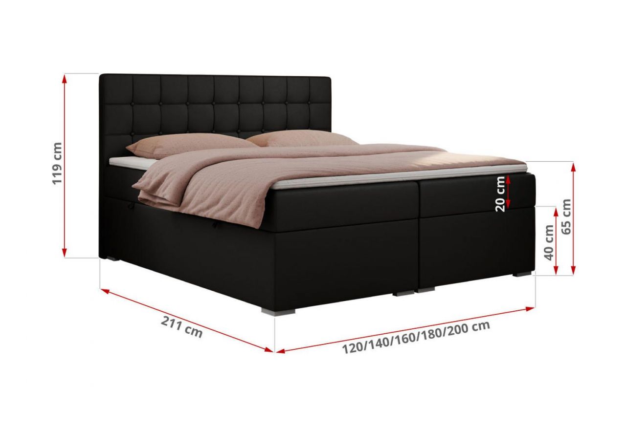 Łóżko kontynentalne CARMEN 180x200 - H3 - czarny, ekoskóra