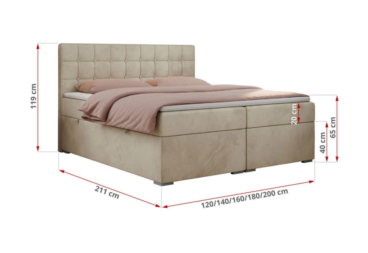 Łóżko kontynentalne CARMEN 180x200 - H3 - beżowy, welwet