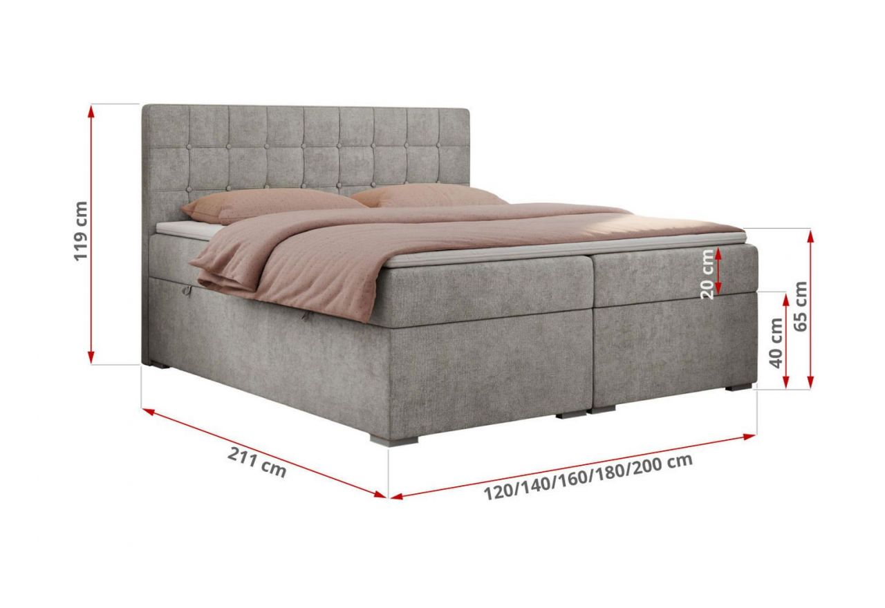 Łóżko kontynentalne CARMEN 200x200 - H3 - jasnoszary, struktura