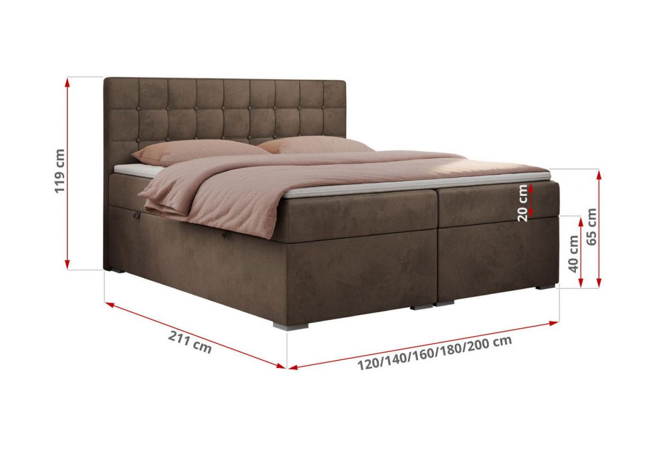 Łóżko kontynentalne CARMEN 180x200 - H4 - brązowy, welwet