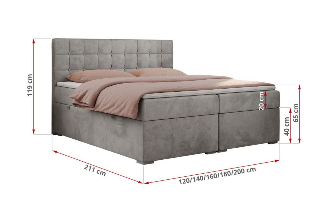 Łóżko kontynentalne CARMEN 180x200 - H3 - jasnoszary, welwet