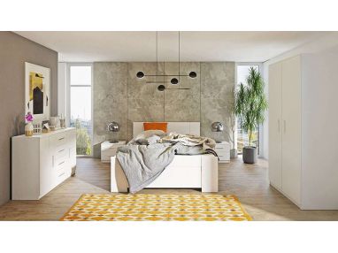 Zestaw nowoczesnych mebli do sypialni z łóżkiem 160x200 cm, szafą, komodą i dwoma stolikami nocnymi - BERY Biały