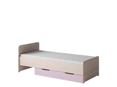 Modne łóżko jednoosobowe 90x200 cm z różowym pojemnikiem na pościel - TUNGA Dąb Santana / Wrzos