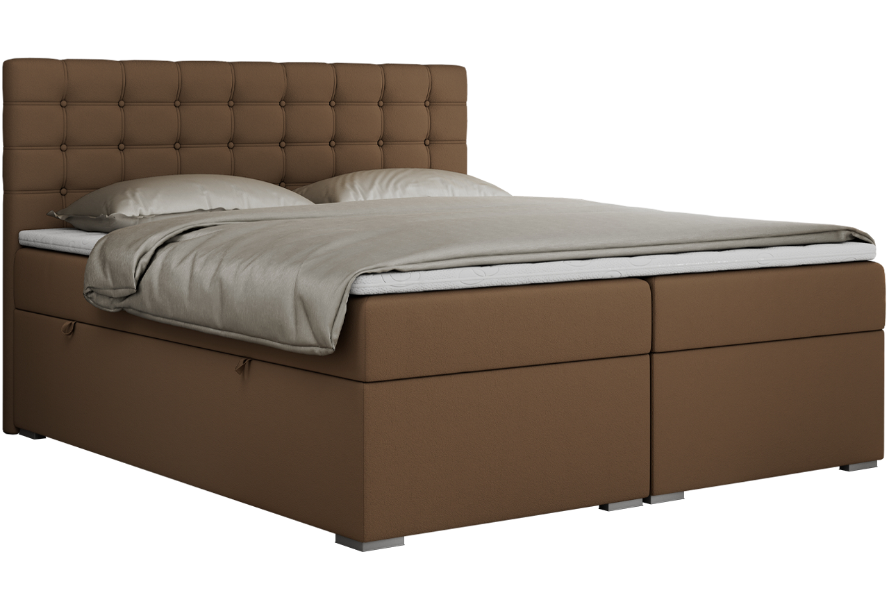 Łóżko kontynentalne SUSAN 200x200 - H3 - brązowy, ekoskóra