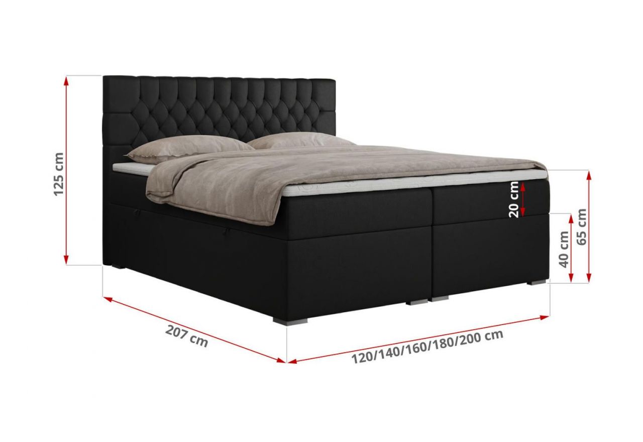 Łóżko kontynentalne PERA 180x200 - H3 - czarny, ekoskóra