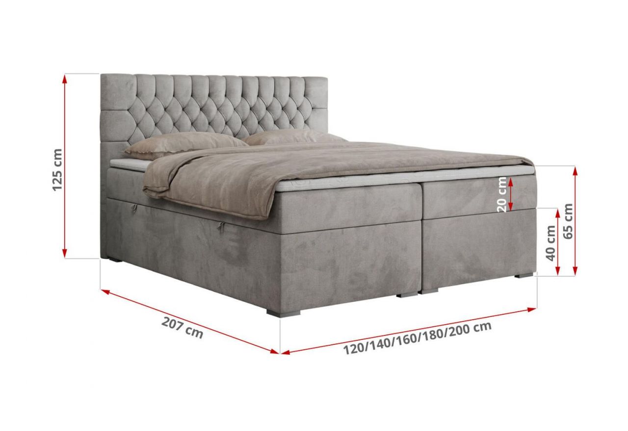 Łóżko kontynentalne PERA 160x200 - H4 - jasnoszary, welwet