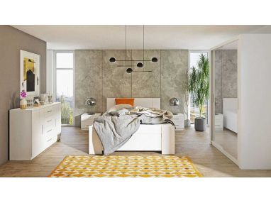 Zestaw nowoczesnych mebli z lustrem na froncie szafy oraz łóżkiem 160x200 do sypialni - BERY Biały