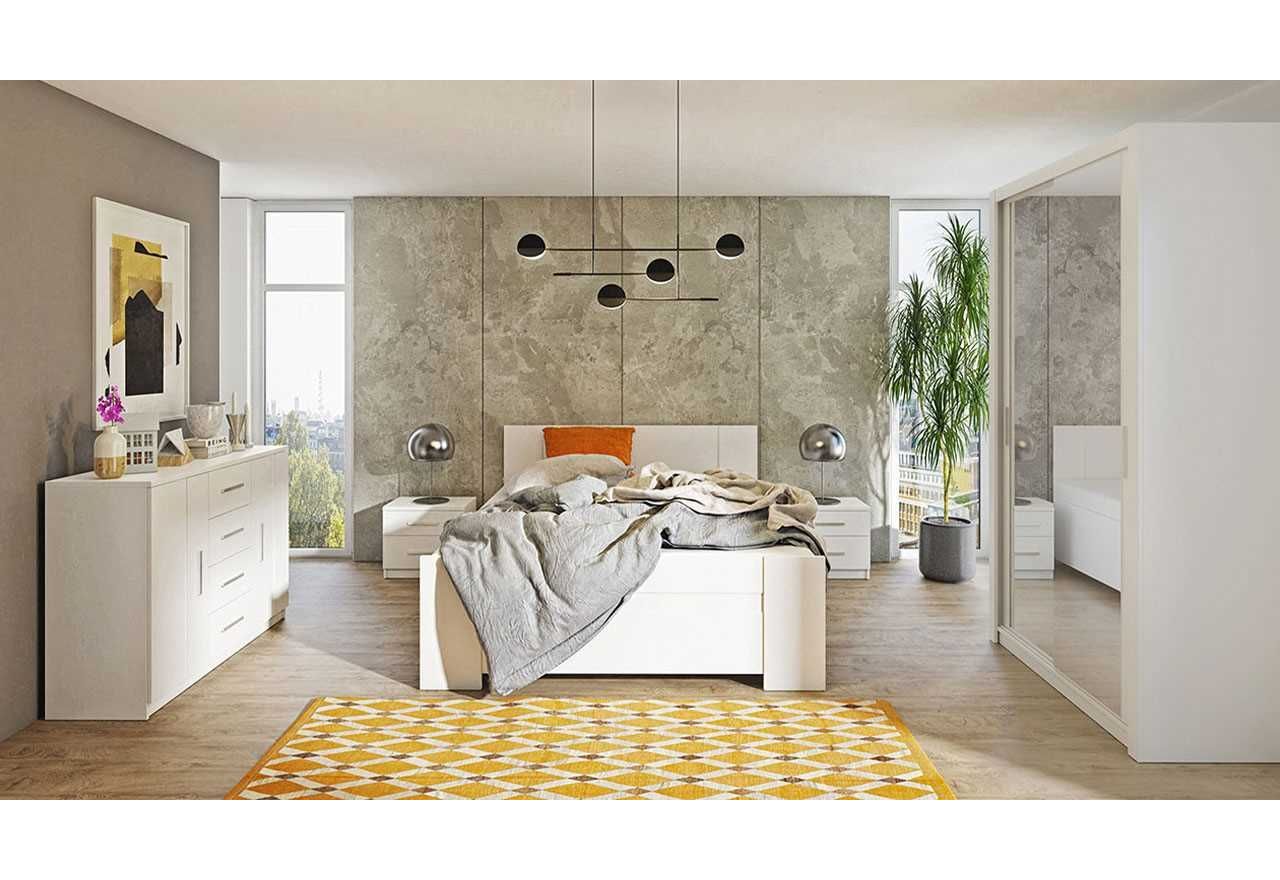 Zestaw nowoczesnych mebli z lustrem na froncie szafy oraz łóżkiem 160x200 do sypialni - BERY Biały