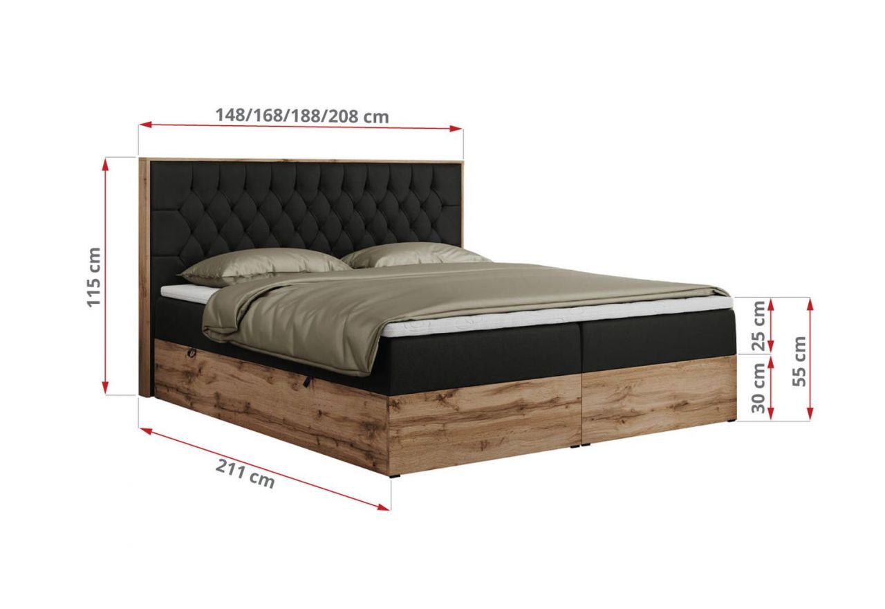 Łóżko kontynentalne AMORE 180x200 - H3 - czarny, ekoskóra