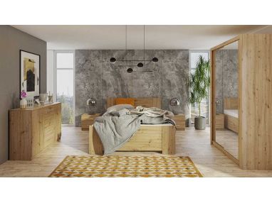 Zestaw mebli do sypialni w nowoczesnym stylu z łóżkiem i pojemną szafą - BERY Dąb Artisan