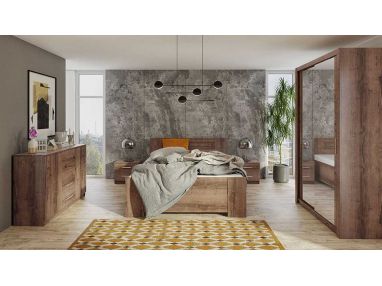 Nowoczesne meble w zestawie z łóżkiem 160x200 oraz pojemną szafą z lustrem na froncie - BERY Dąb Monastery