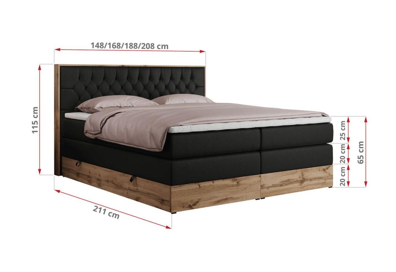 Łóżko kontynentalne AMORE KING 180x200 - H4 - czarny, ekoskóra