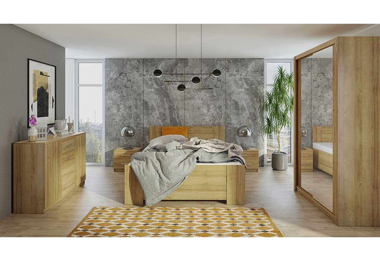 Praktyczny zestaw mebli do sypialni z łóżkiem 160x200 oraz szafą z lustrem na froncie - BERY Dąb Złoty