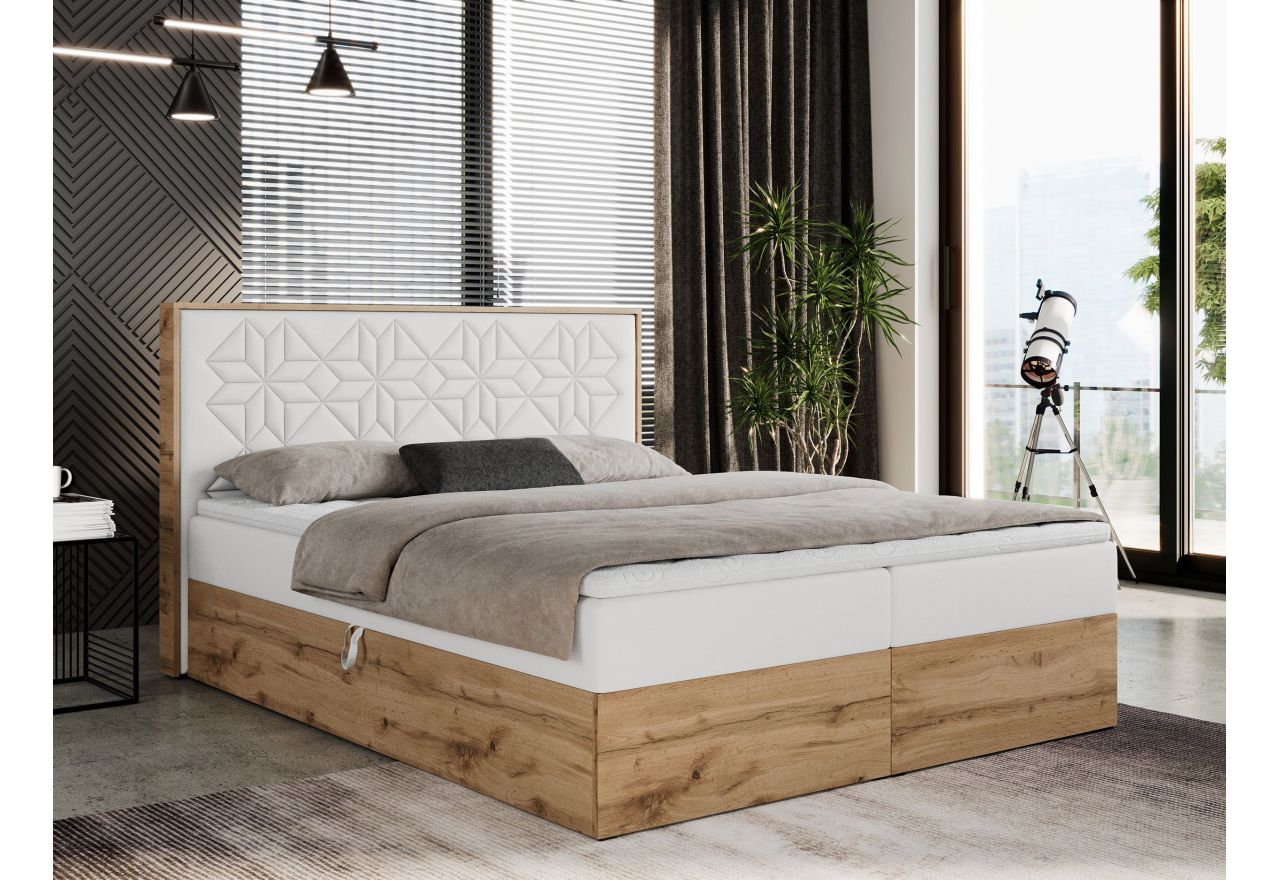 Łóżko kontynentalne NESSI 200x200 - H3 - biały, ekoskóra