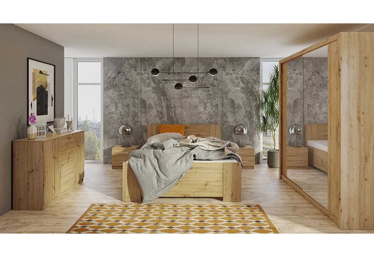 Elegancki zestaw praktycznych mebli z pojemną komodą, łóżkiem 160x200, szafą 180 oraz stolikami nocnymi - BERY Dąb Artisan