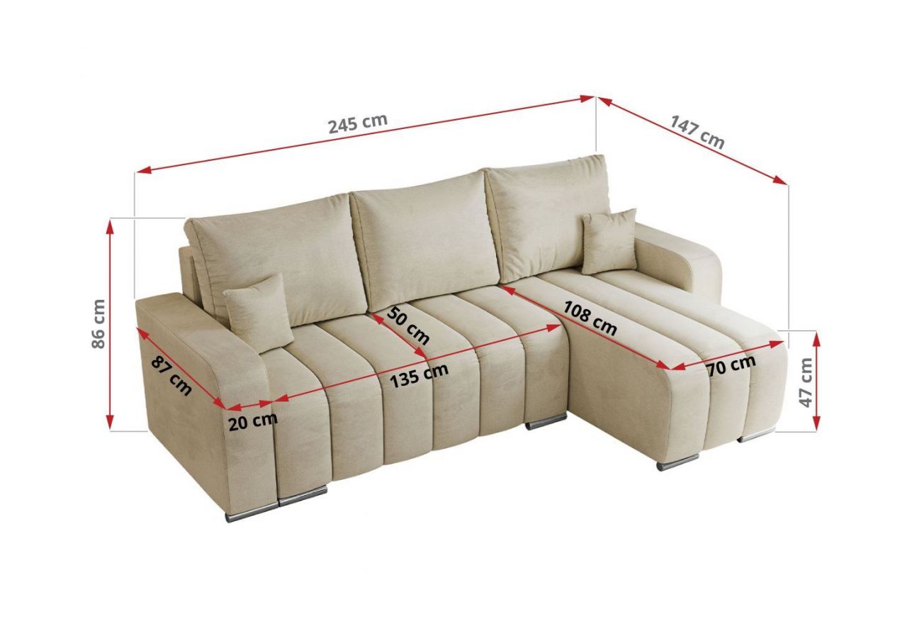 Narożnik KIRASSO L - uniwersalny - beżowy, welwet