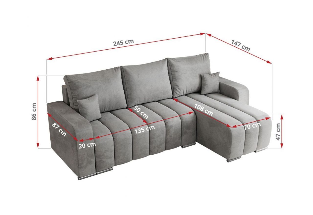 Narożnik KIRASSO L - uniwersalny - jasnoszary, welwet