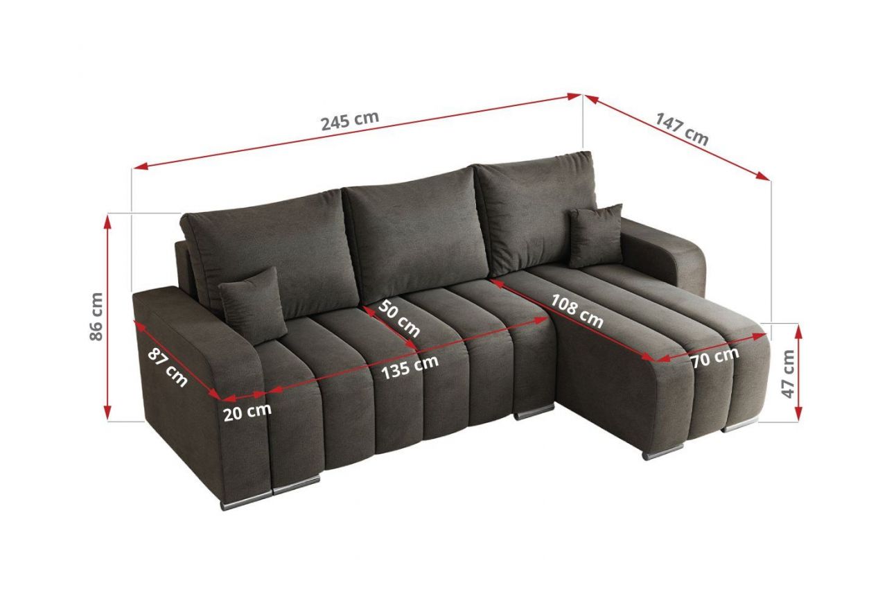 Narożnik KIRASSO L - uniwersalny - ciemnoszary, welwet