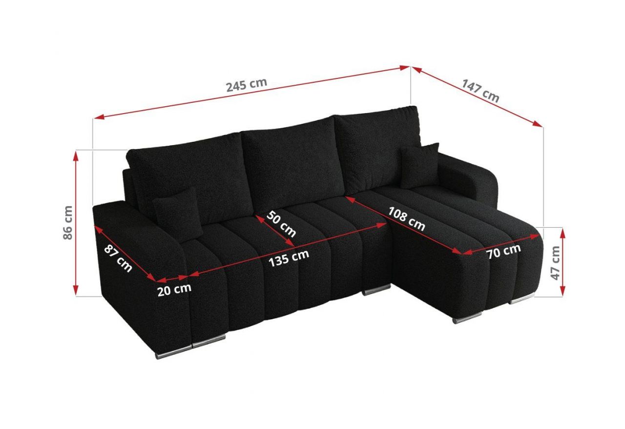 Narożnik KIRASSO L - uniwersalny - czarny, boucle