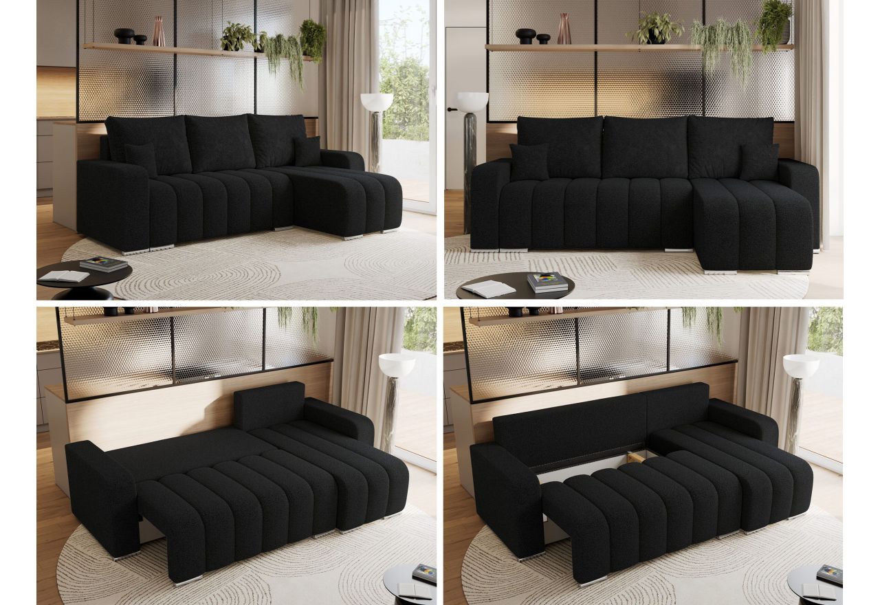 Narożnik KIRASSO L - uniwersalny - czarny, boucle