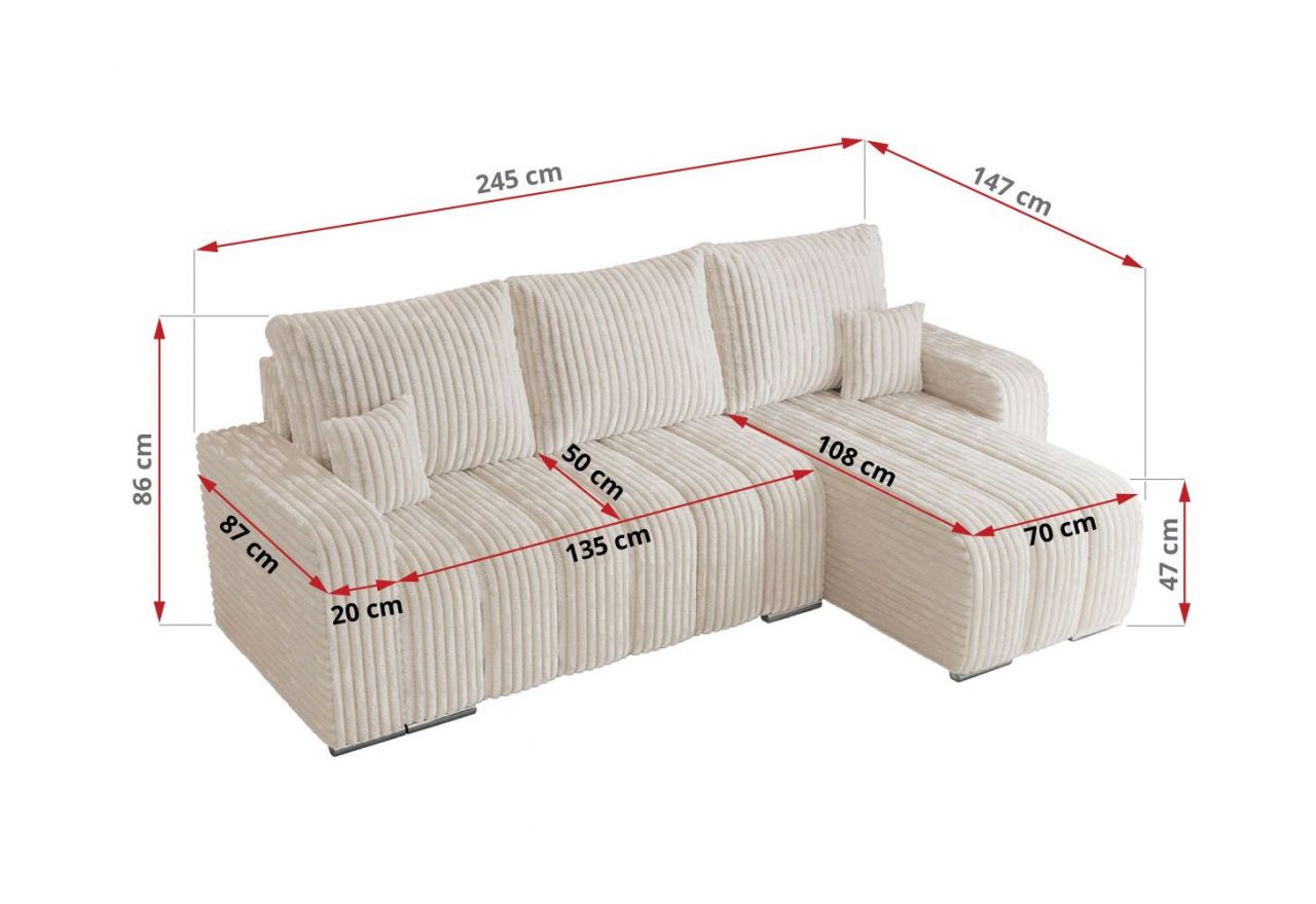 Narożnik KIRASSO L - uniwersalny - beżowy, sztruks