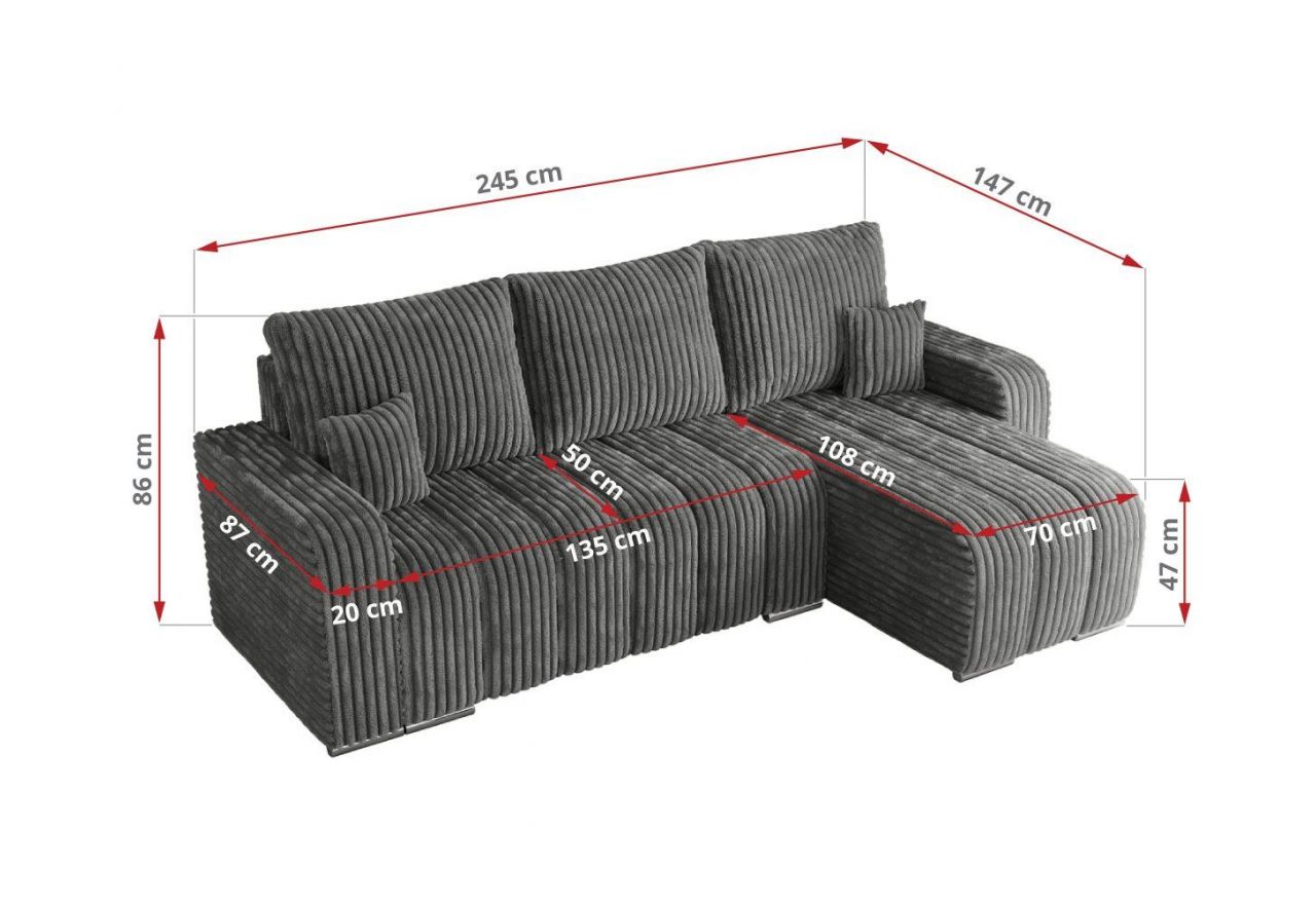 Narożnik KIRASSO L - uniwersalny - szary, sztruks