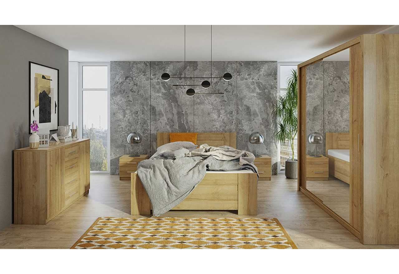 Praktyczne meble do sypialni w zestawie z wygodnym łóżkiem 160x200 oraz szafą 180 - BERY Dąb Złoty