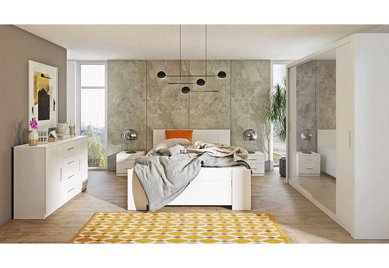 Meble do sypialni w nowoczesnym stylu z pojemna szafą 200 oraz łóżkiem 160x200 - BERY Biały
