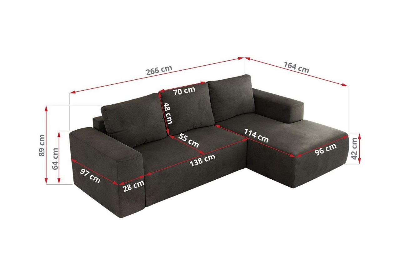 Narożnik TRENTINO L - strona prawa - ciemnoszary, welwet