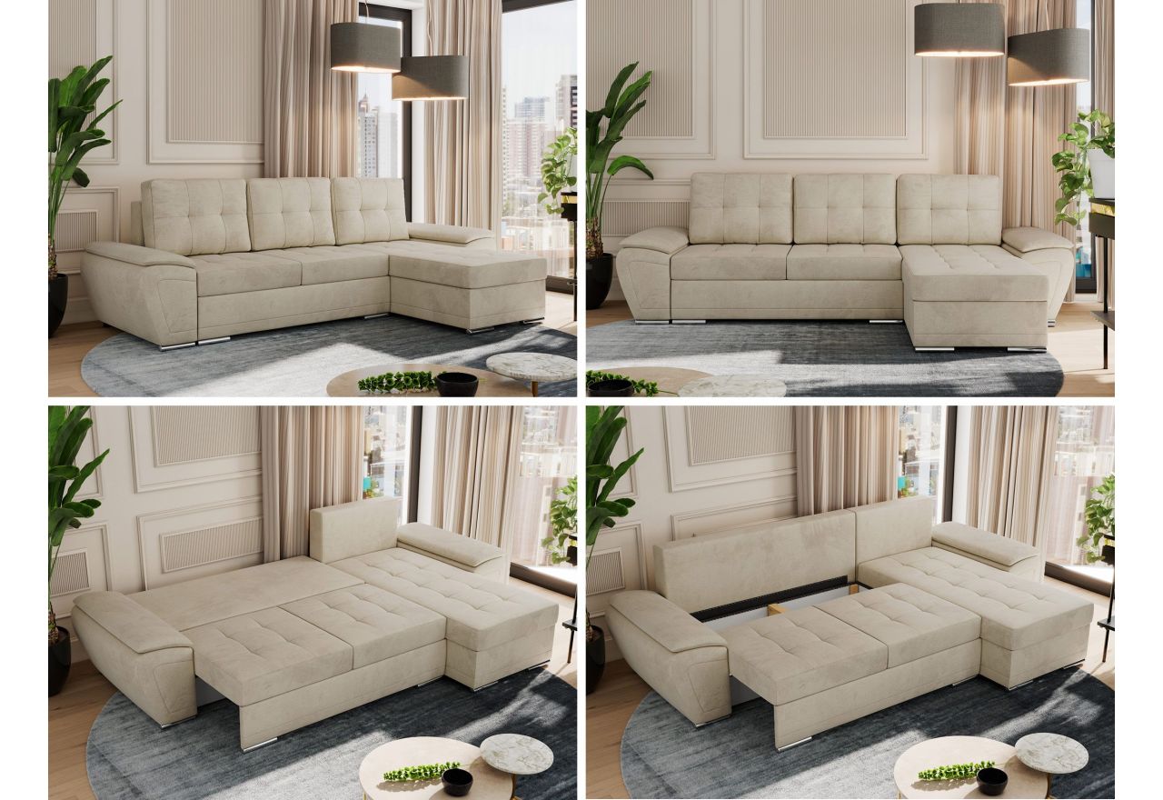 Narożnik UMBRIA L - uniwersalny - beżowy, welwet