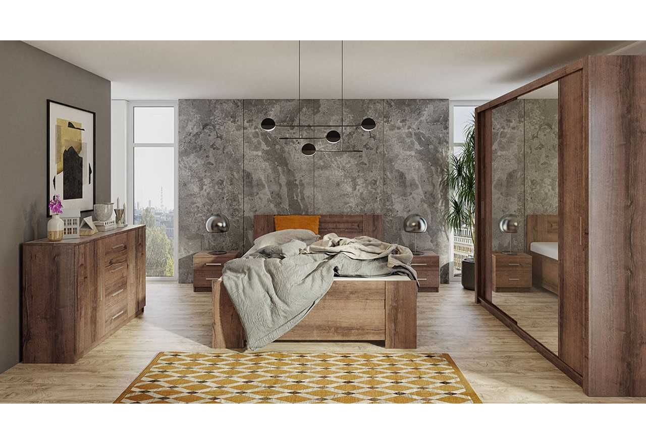 Meble w nowoczesnym stylu do sypialni w zestawie z pojemną szafą 200 oraz łóżkiem - BERY Dąb Monastery