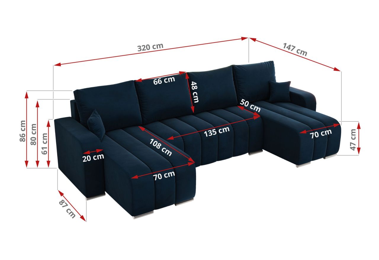 Narożnik KIRASSO U - uniwersalny - ciemnoniebieski, welwet