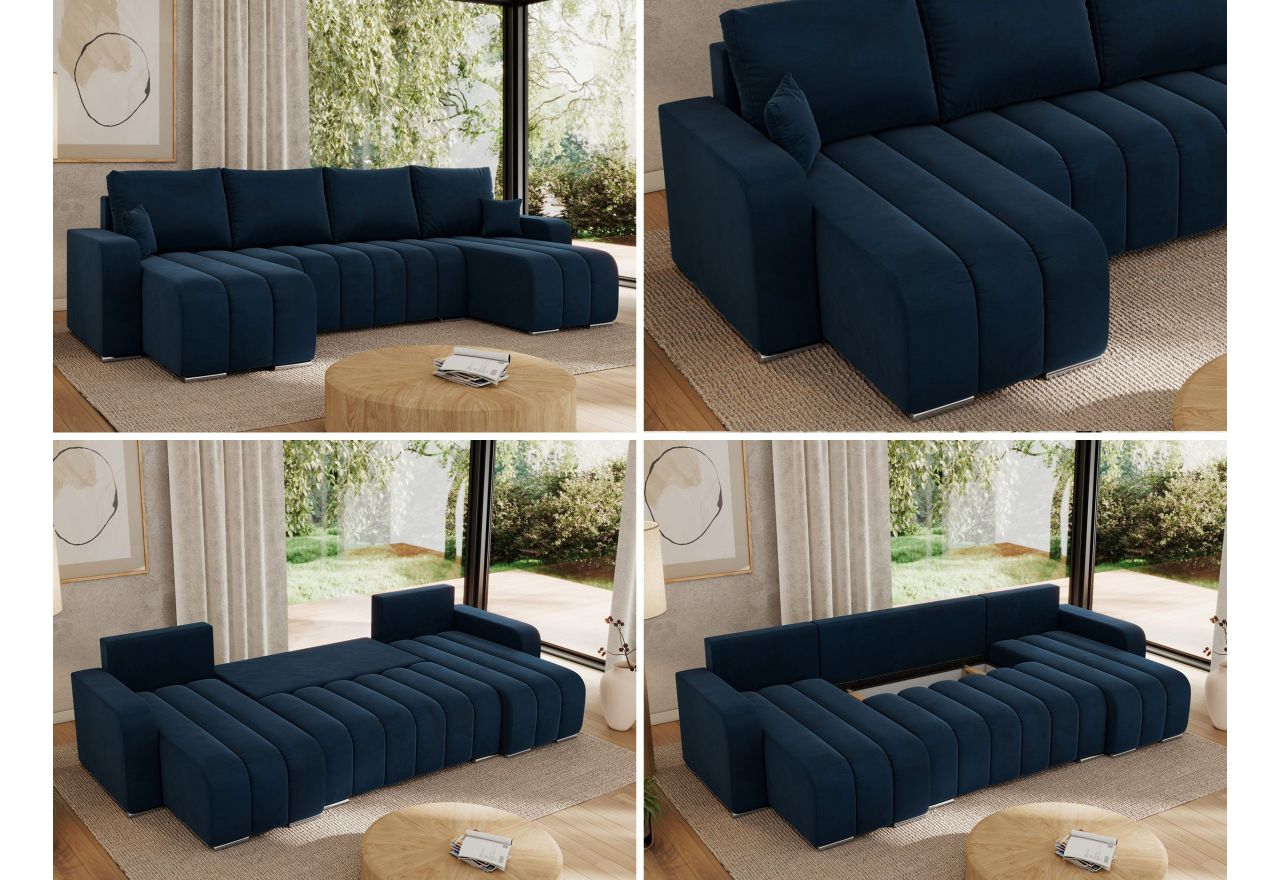 Narożnik KIRASSO U - uniwersalny - ciemnoniebieski, welwet