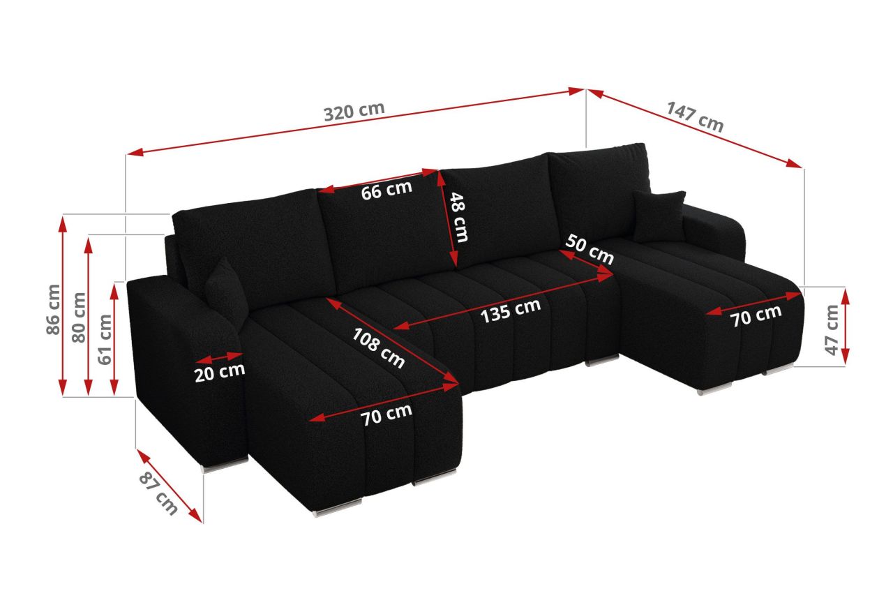 Narożnik KIRASSO U - uniwersalny - czarny, boucle