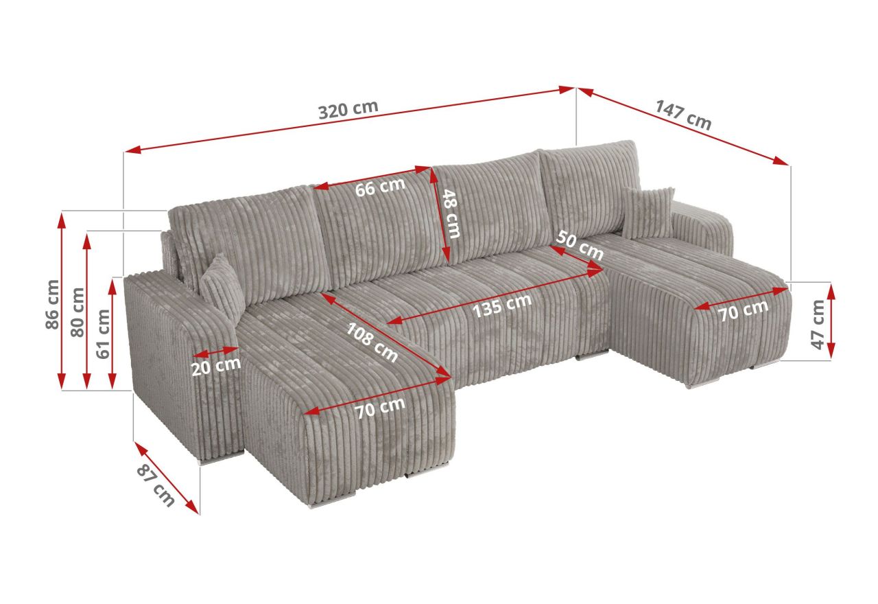 Narożnik KIRASSO U - uniwersalny - jasnoszary, sztruks