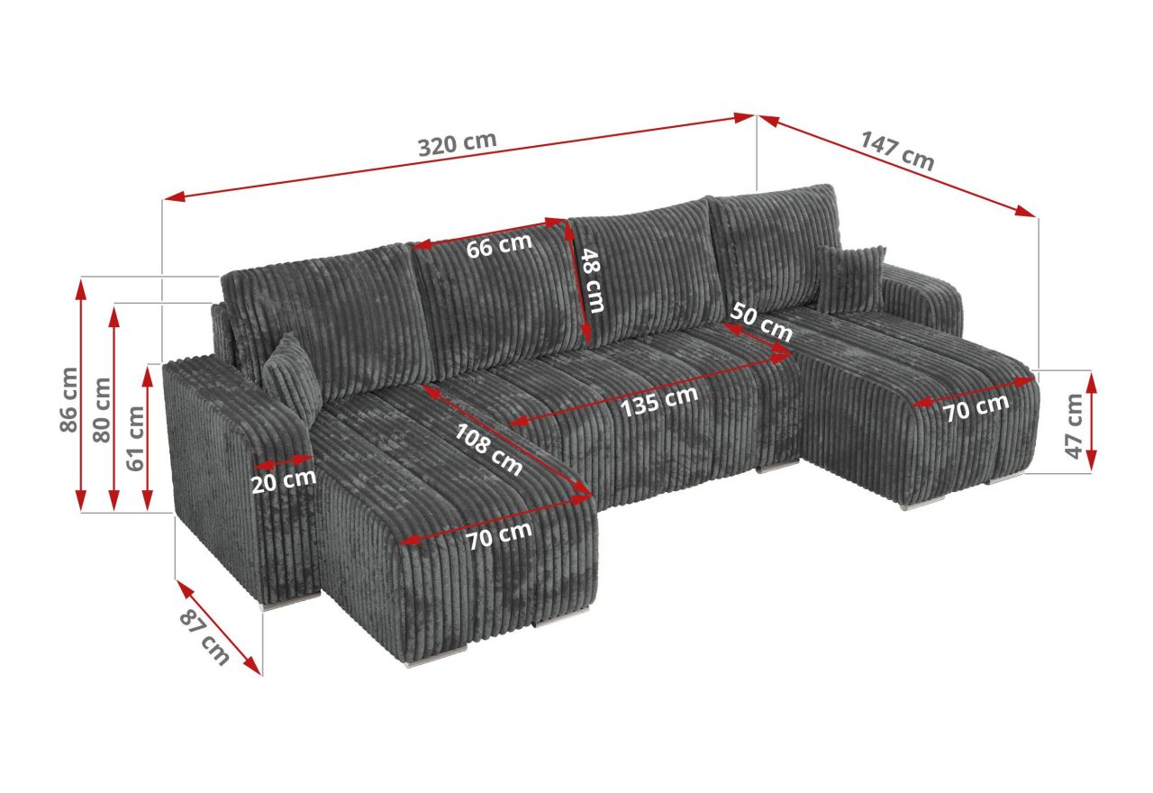 Narożnik KIRASSO U - uniwersalny - szary, sztruks