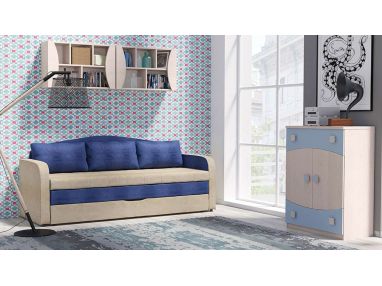 Zestaw mebli z sofą, komodą oraz półkami do pokoju dziecka - TUNGA Dąb Santana / Niebieski