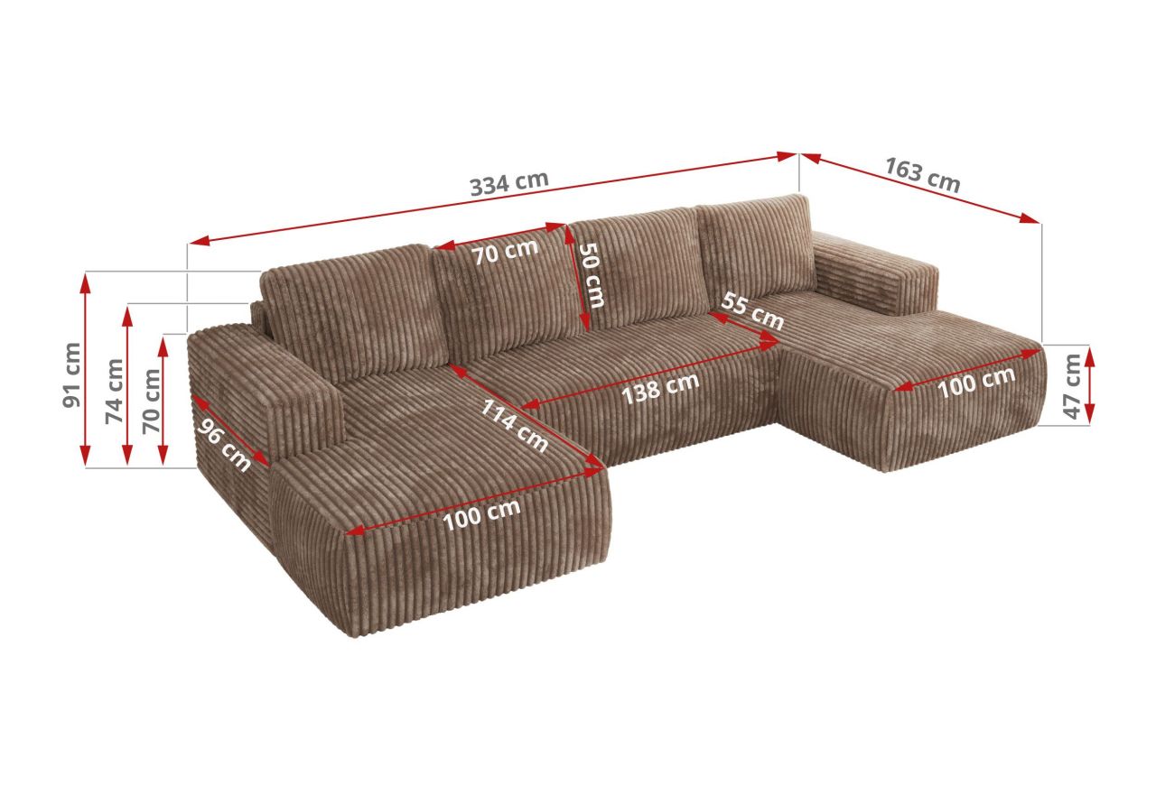 Narożnik TRENTINO U - uniwersalny - brązowy, sztruks