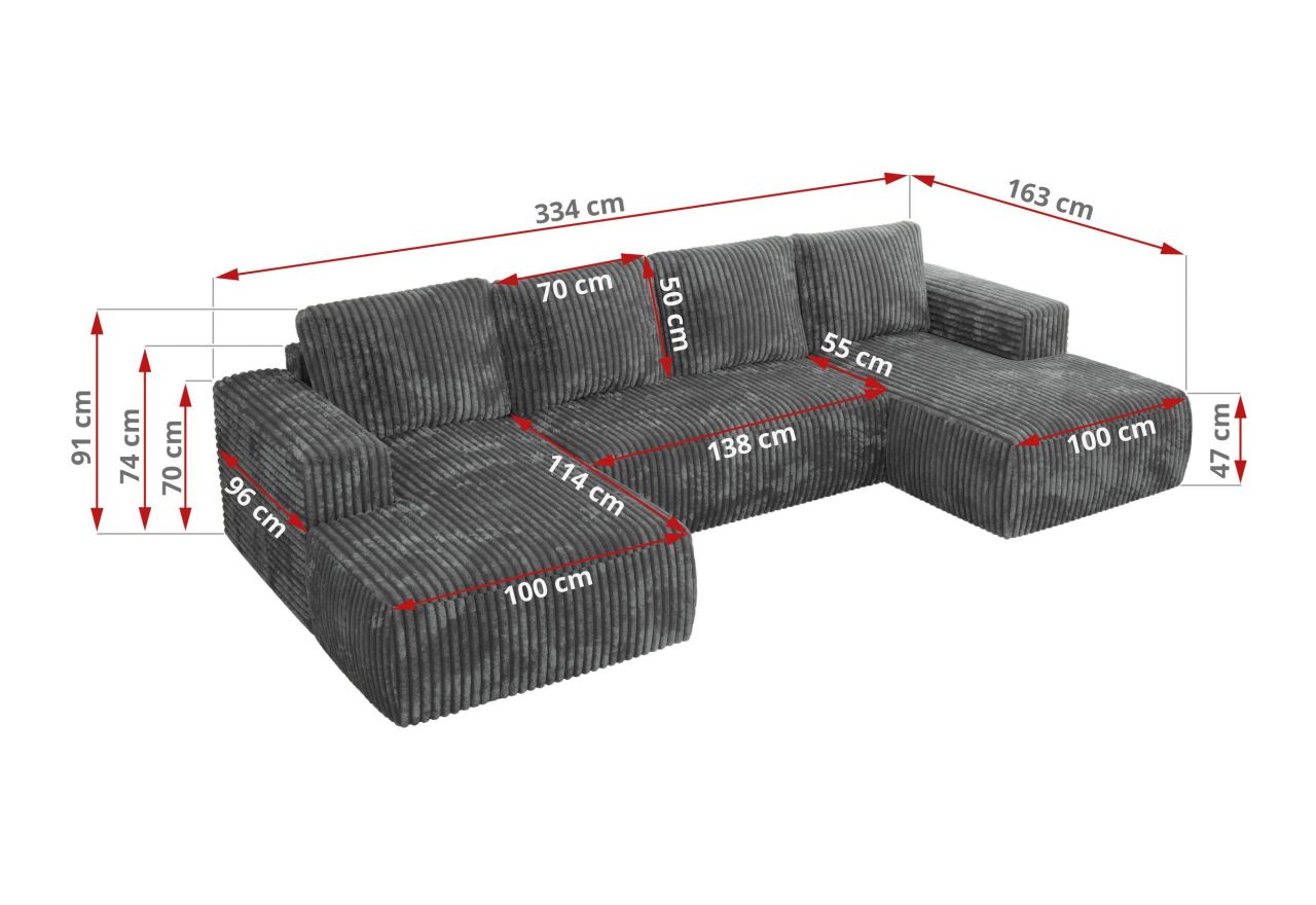 Narożnik TRENTINO U - uniwersalny - szary, sztruks