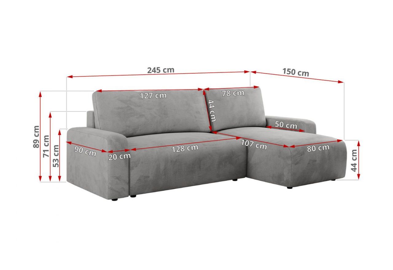 Narożnik ARGOS L - uniwersalny - jasnoszary, welwet