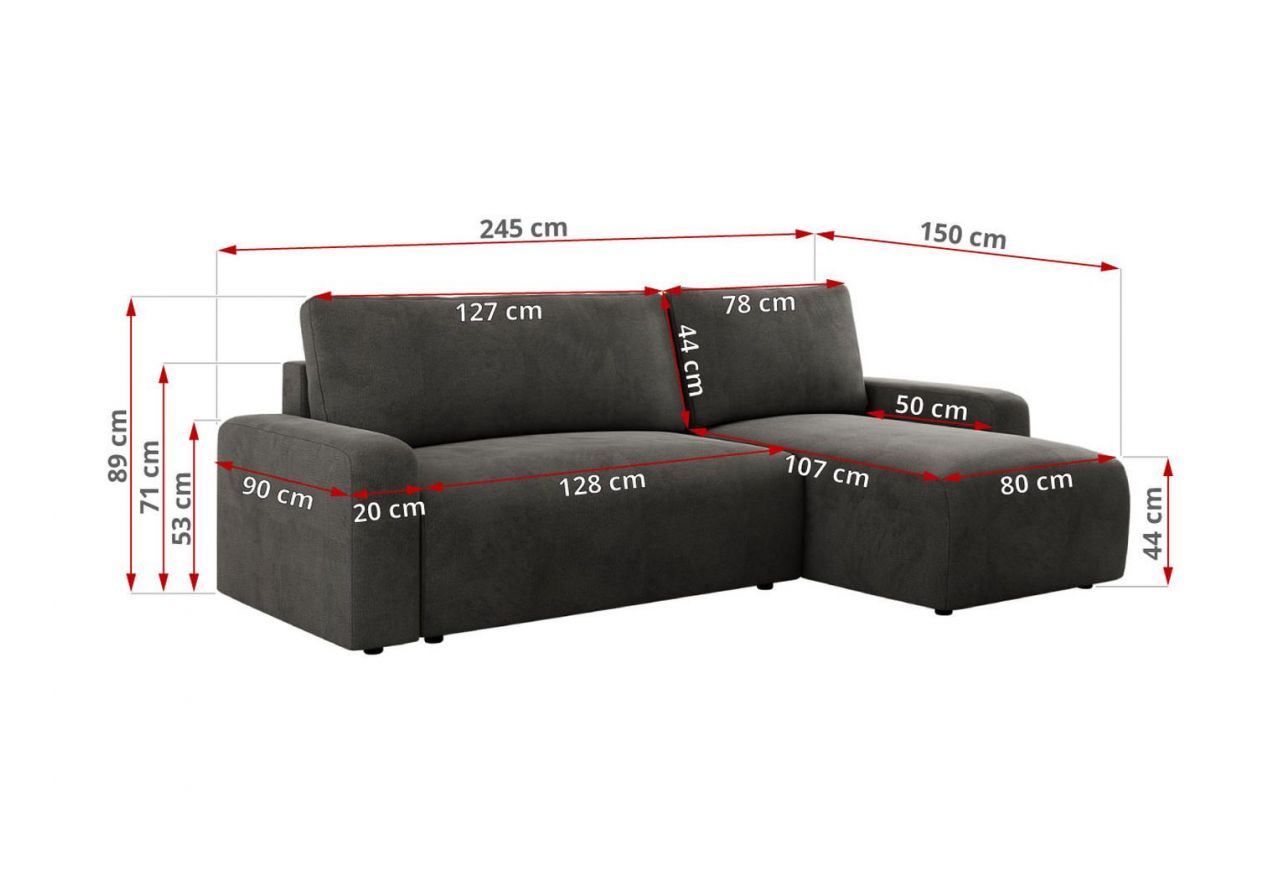 Narożnik ARGOS L - uniwersalny - ciemnoszary, welwet