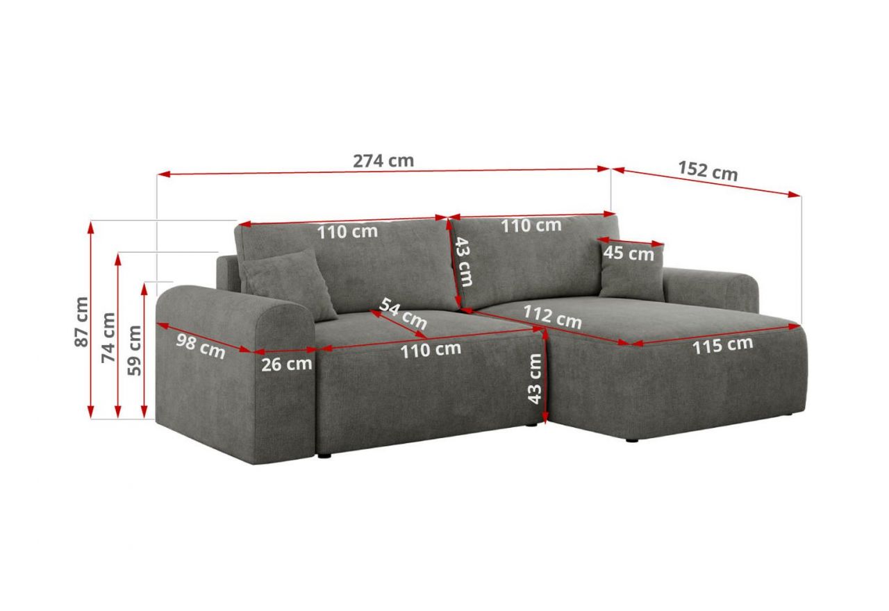 Narożnik NELSON L - uniwersalny - szary, struktura