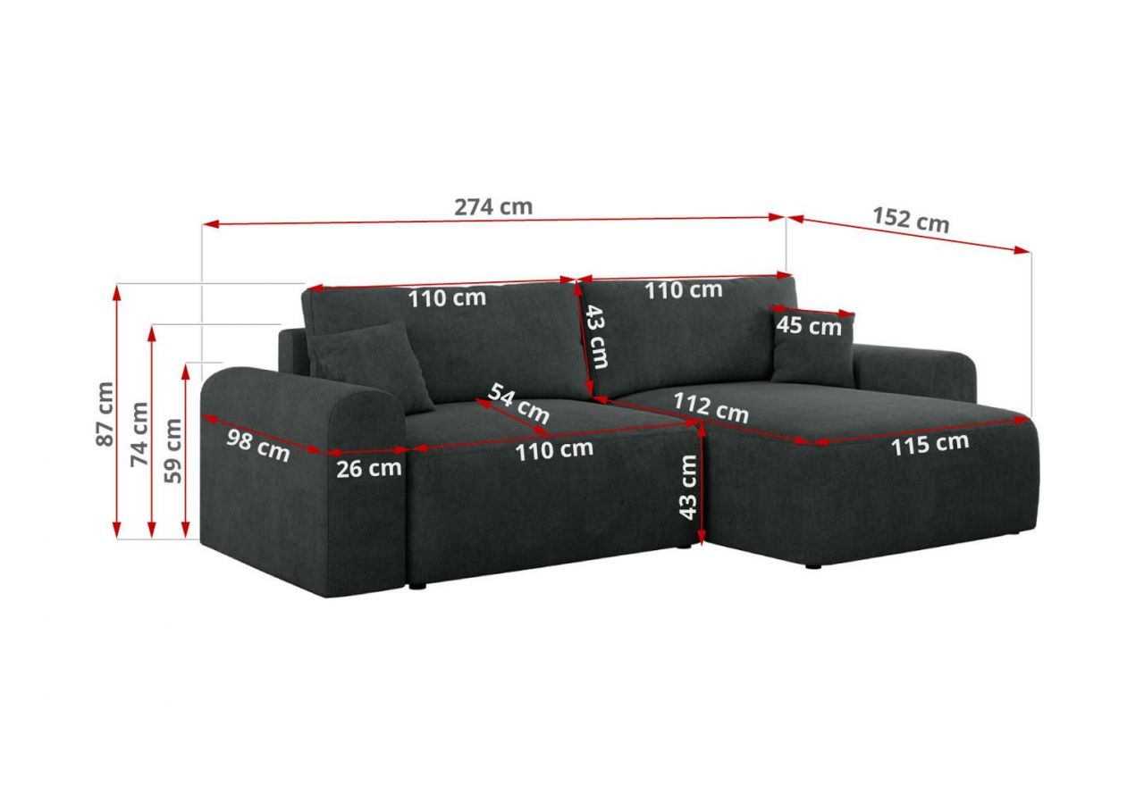 Narożnik NELSON L - uniwersalny - ciemnoszary, struktura