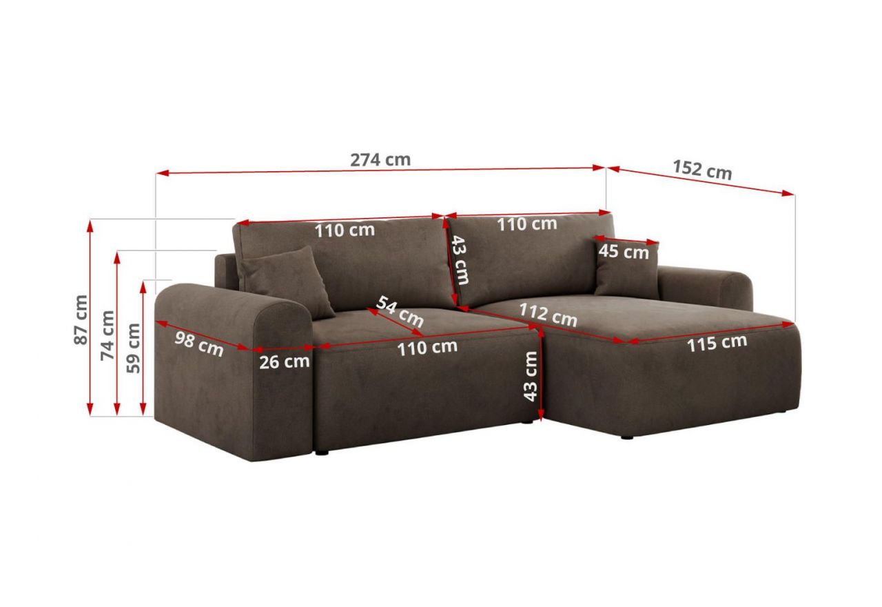 Narożnik NELSON L - uniwersalny - brązowy, welwet