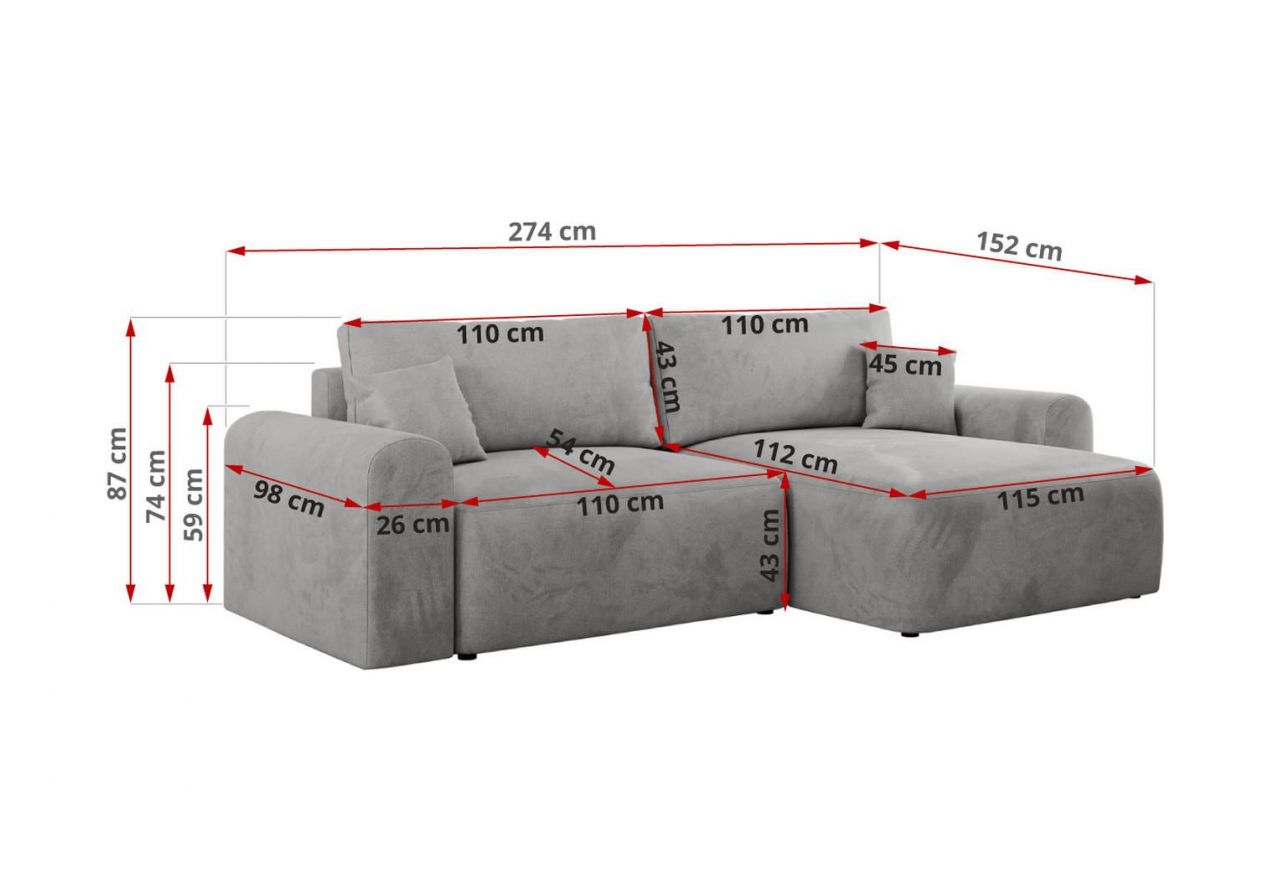 Narożnik NELSON L - uniwersalny - jasnoszary, welwet