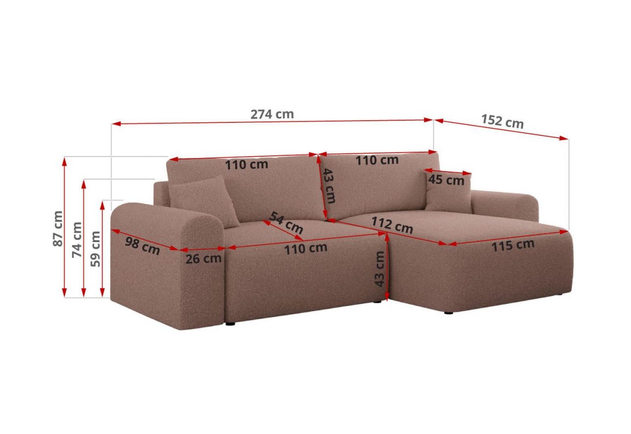 Narożnik NELSON L - uniwersalny - różowy, boucle